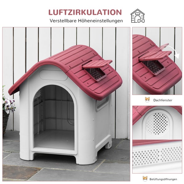 PawHut Hundehütte, Outdoor Hundehaus mit Dachluke Tor, 59 x 75 x 66 cm, Metall, Kunststoff, Rot+Hellgrau