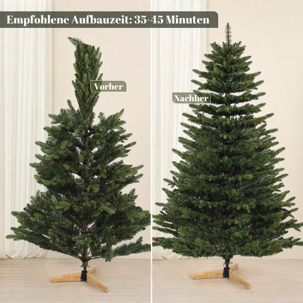 Künstlicher Weihnachtsbaum mit 180 cm Höhe und 120 cm Durchmesser, aufgestellt im Innenraum mit einer Person zur Veranschaulichung der Größe.
