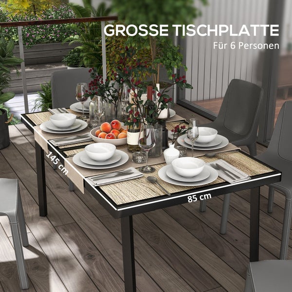 Outsunny Gartentisch, Balkontisch, 145 x 85 cm Terrassentisch für 6 Personen mit Holzoptik, Esstisch für Garten, Stahlgestell, Grau