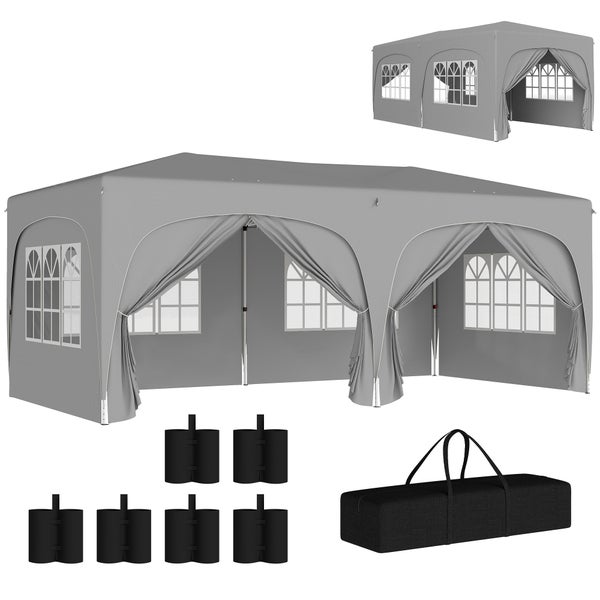 Outsunny Pavillon ca. 3x6m, wasserabweisend Stabil Winterfest Pop-up Faltpavillon, UV Schutz 50+, Faltbar Partyzelt Gartenzelt mit 6 Seitenteilen Tasche Gartenpavillon für Camping Garten, Hellgrau