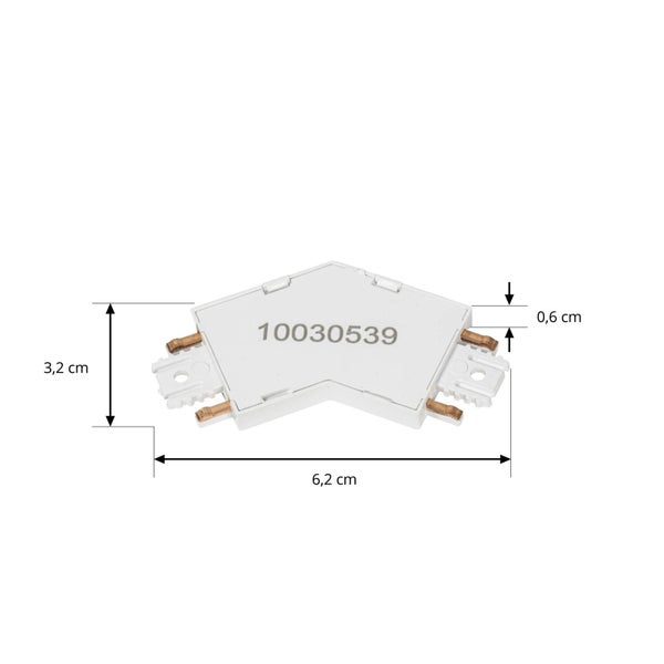 L-Verbinder für Schienensysteme mit den Maßen 3,2 Zentimeter mal 6,2 Zentimeter und einer Stärke von 0,6 Zentimeter.