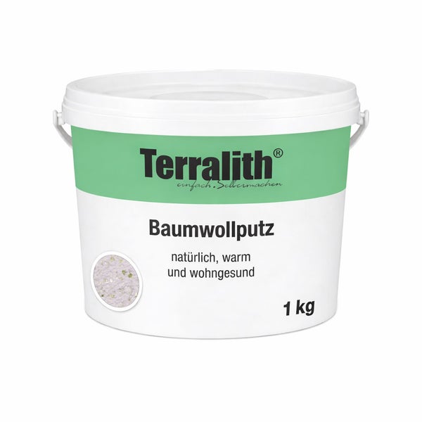 Terralith Baumwollputz im 1 Kilogramm Eimer für Wandbeschichtungen im Innenbereich.