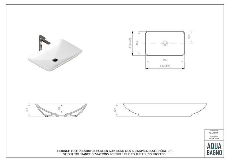 Aqua Bagno Leon Aufsatzwaschbecken KB.LEON.001 – 60 x 37,7 cm – Weiß Hochglanz – Keramikbecken ohne Hahnloch & Überlauf