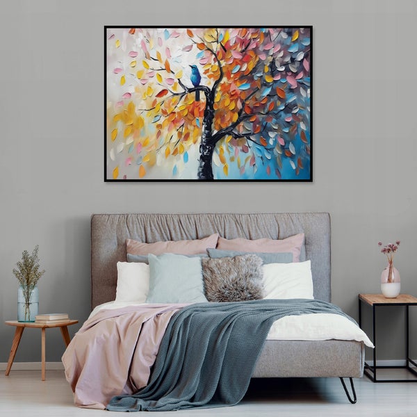 Modernes Schlafzimmer mit grauem Polsterbett und einem abstrakten Wandbild eines Baumes mit blauem Vogel über dem Kopfteil.