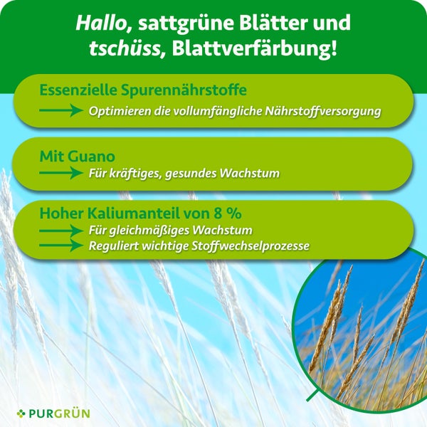 Infografik zum Purgruen Pflanzenduenger mit Hinweisen zu Spurennährstoffen, Guano und einem Kaliumanteil von 8 Prozent für gesundes Pflanzenwachstum