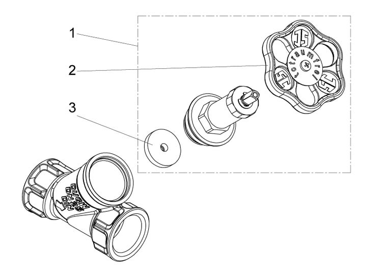 Explosionszeichnung eines Ventiloberteils mit Handrad, Spindel und Dichtung für Armaturen der Nennweite 25.