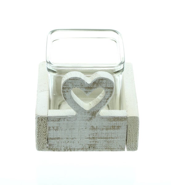 FRANK FLECHTWAREN | Windlicht White Heart, HOLZ, GLAS, 10 x 10 x 8,5 cm