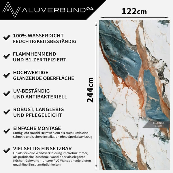 Aluverbund24 Logo. Wandpaneel mit Marmoroptik, 122 x 244 cm, wasserdicht, feuchtigkeitsbeständig, schwer entflammbar, B1-zertifiziert, UV-beständig und antibakteriell.