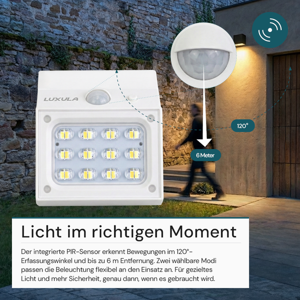LUXULA LED Außenwandleuchte mit PIR-Sensor, 120 Grad Erfassungswinkel und 6 Meter Reichweite zur automatischen Beleuchtung bei Bewegung im Außenbereich.