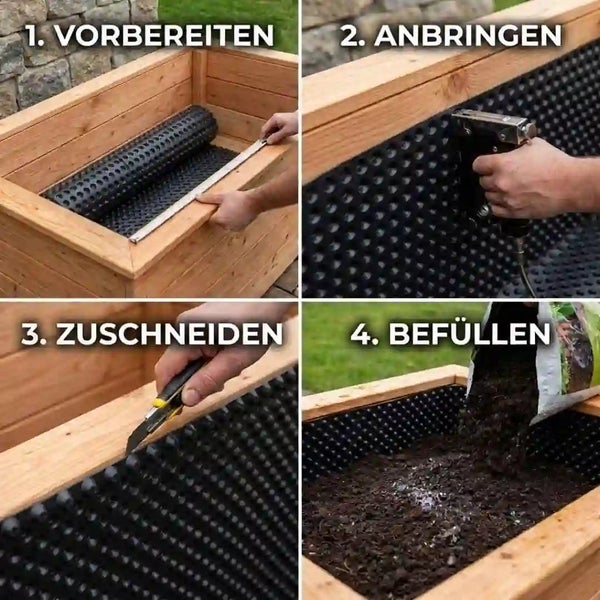 Anleitung zur Montage einer Noppenbahn in einem Hochbeet aus Holz mit vier Schritten vom Vorbereiten über das Befestigen bis zum Befüllen.