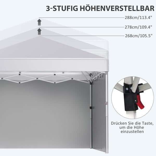 Outsunny Pavillon ca.3x3m, wasserabweisend Stabil Winterfest Pop-up Faltpavillon mit 2 Seitenwänden, UV Schutz 30+, Faltbar Partyzelt Gartenzelt mit Tasche, Gartenpavillon für Camping, Weiß