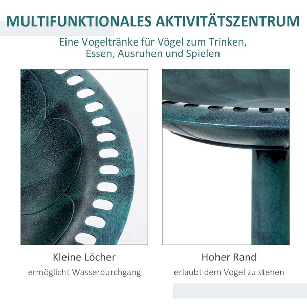 Multifunktionale Vogeltränke für den Garten mit kleinen Löchern für Wasserdurchlass und hohem Rand zum Stehen für Vögel.