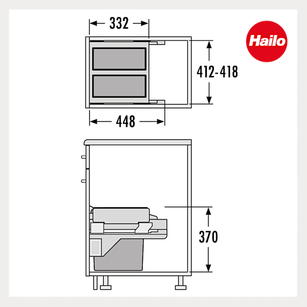 Maßzeichnung für Hailo Abfallsammler: Breite 412 bis 418 Millimeter, Tiefe 448 Millimeter, Höhe 370 Millimeter. Hailo Logo.