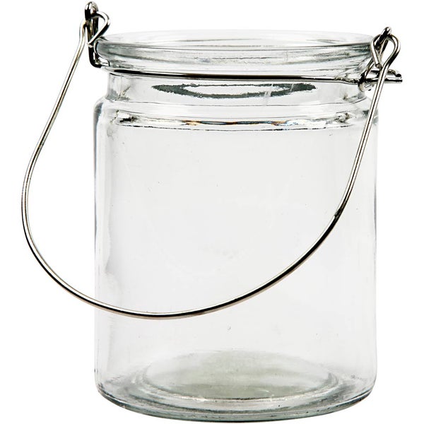Windlicht aus Glas mit Henkel aus Metall.