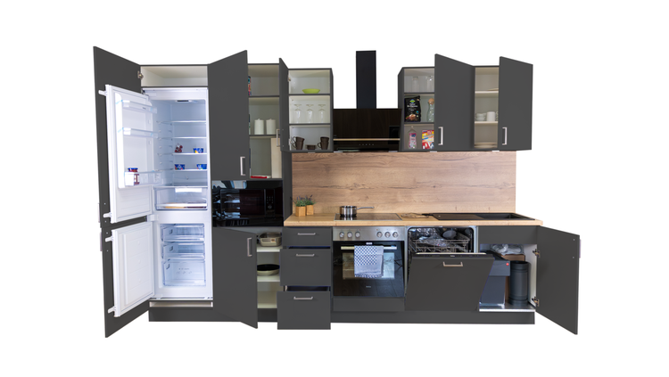 Komplette Küche mit Geräten, Spüle, Kühlschrank, Backofen, Geschirrspüler und Dunstabzugshaube