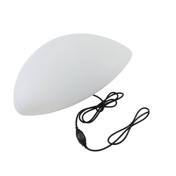 Halbrunde weiße Tischleuchte mit schwarzem Kabel und Schnurschalter.