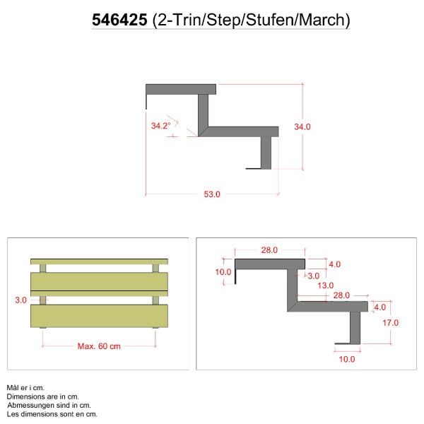 3er Set Stahl Treppenwange 2 Stufen - Option für Setzstufen-Höhe 34cm
