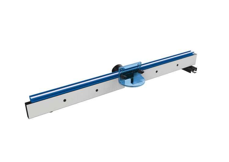 Kreg Präzisions-Frästischanschlag aus Aluminium mit blauen T-Nut-Schienen und verstellbarem transparentem Fingerschutz.