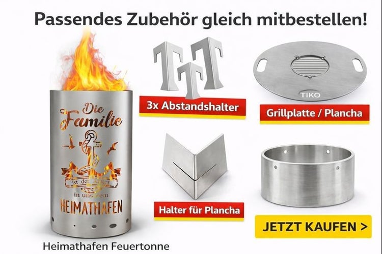 Heimathafen Feuertonne mit Zubehör wie Grillplatte, Abstandshalter und Plancha Halter