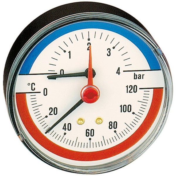 Thermo-Manometer zur gleichzeitigen Messung von Druck in bar und Temperatur in Grad Celsius.