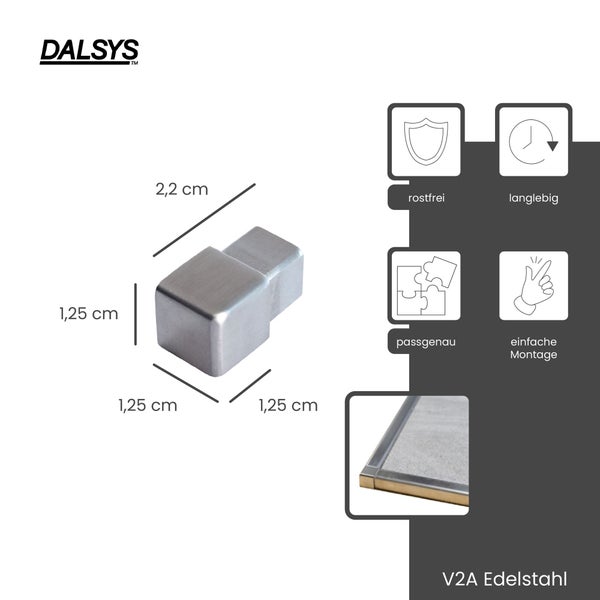 Dalsys Logo. V2A Edelstahl-Außenecke für Fliesenprofile, 2,2 Zentimeter mal 1,25 Zentimeter. Rostfrei, langlebig, passgenau, einfache Montage.