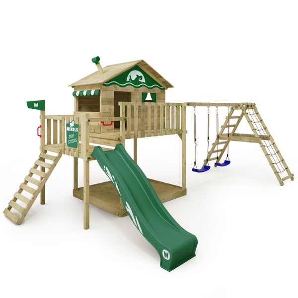 WICKEY Spielturm Klettergerüst Smart Ocean mit Schaukel und Rutsche, Stelzenhaus mit Sandkasten, Kletterleiter und Spiel-Zubehör - grün
