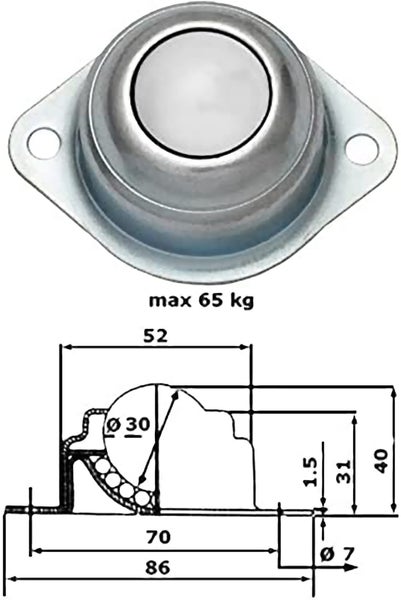 Kugelrolle mit Montageplatte aus Metall für Transportanwendungen, maximale Tragkraft 65 Kilogramm, technische Zeichnung mit Bemaßung.