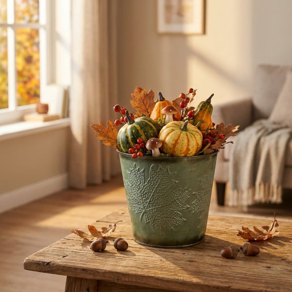 Herbstliche Tischdekoration mit kleinen Zierkürbissen und Pilzen in einem Metalltopf mit Blattmuster auf einem Holztisch.