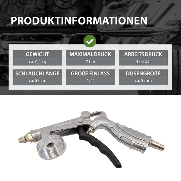 Trutz Holm Unterbodenschutzpistole mit technischer Übersichtstabelle