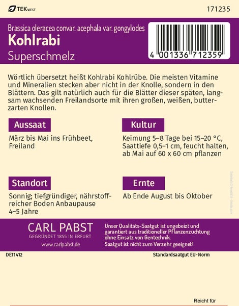 Rückseite einer Samentüte für Kohlrabi Superschmelz von Carl Pabst mit Informationen zu Aussaat, Kultur und Ernte. Carl Pabst Logo.