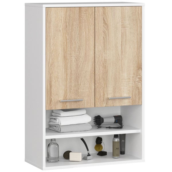 Badezimmerschrank mit zwei Türen und offenen Regalen zur Aufbewahrung von Badartikeln