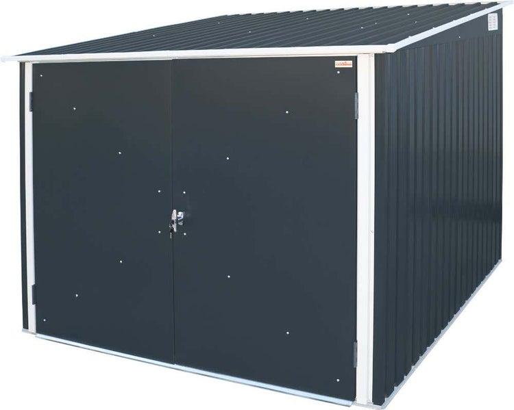 Geräteschuppen aus Metall in Anthrazit mit Pultdach und Doppelflügeltür.