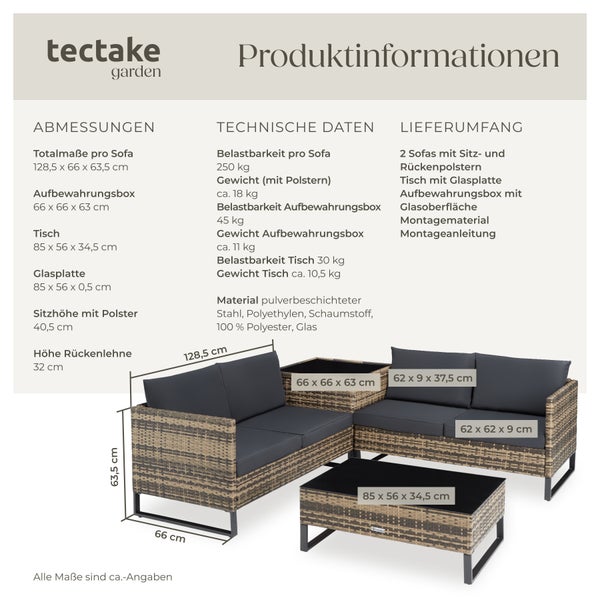 Rattan Lounge tectake Ostuni mit Sicherheitsglasplatte für 4 Personen natur