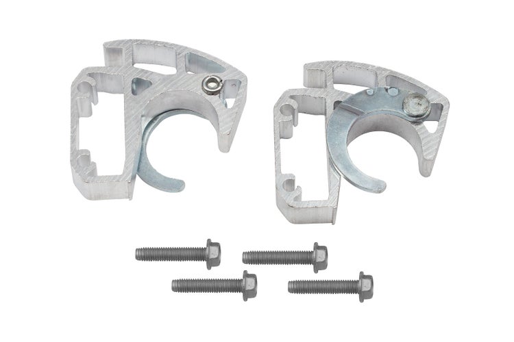 Zwei Rohrschellen aus Aluminium mit vier Schrauben