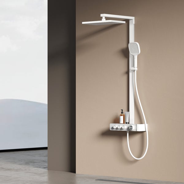 EMKE Duschsystem mit 2 Wasserabläufen, Duschkopf & Handbrause mit 3 Funktionen, modernes Design, 360*485*1120mm, weiß