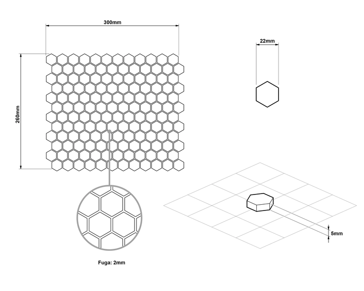 Maßzeichnung hexagonales Mosaik: Matte 300 mal 260 Millimeter, Stein 22 Millimeter, Stärke 5 Millimeter, Fuge 2 Millimeter.
