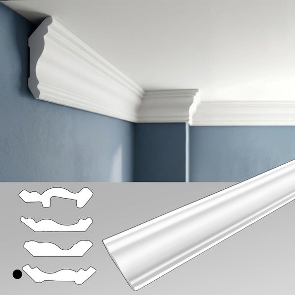 Zimmer mit Zierleisten an der Decke und Wand sowie eine grafische Darstellung von Zierleistenprofilen