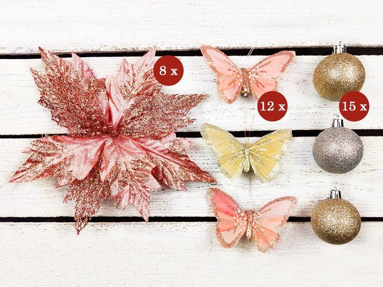 Weihnachtsbaumschmuck Set bestehend aus acht künstlichen Blumen, zwölf Schmetterlingen und fünfzehn Christbaumkugeln mit Glitzer.
