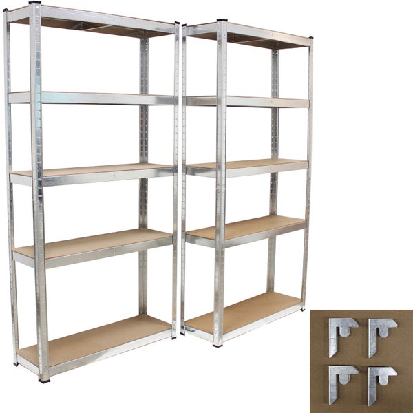 Zwei Metallregale mit jeweils fünf Holzböden und vier Metallverbindern für die Organisation in Keller oder Garage.