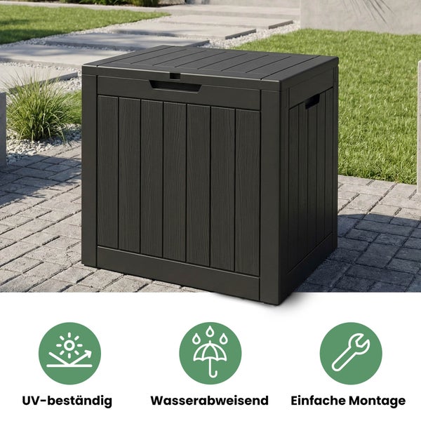 Quadratische Gartenbox in Holzoptik, UV-beständig, wasserabweisend und einfache Montage.