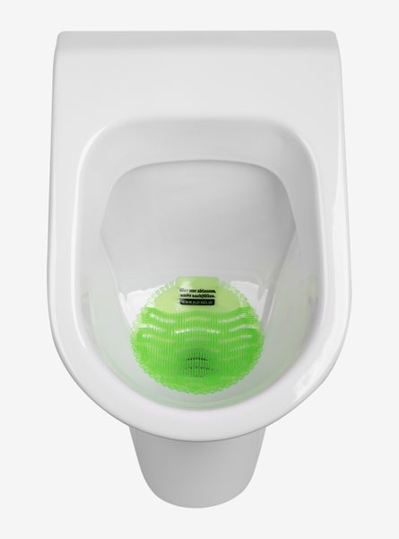 Urinal mit eingelegtem Urinalsieb als Spritzschutz