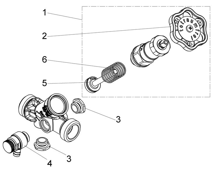 Explosionszeichnung einer Armatur mit nummerierten Einzelteilen wie Handrad, Ventiloberteil und Ventilgehäuse.