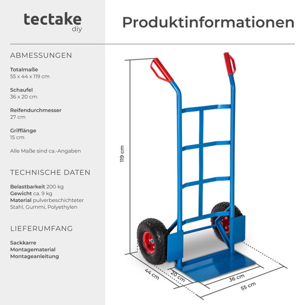 Sackkarre tectake  Belastbarkeit 200 kg mit Stahlrahmen blau
