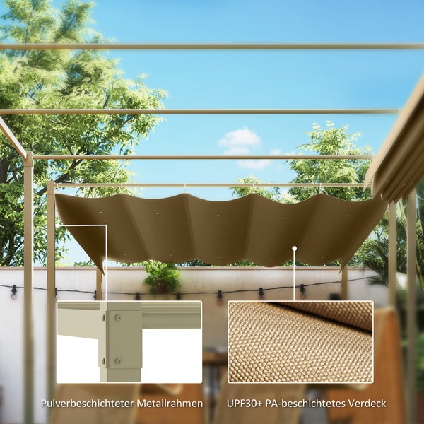 Pergola mit ausziehbarem Sonnendach, pulverbeschichtetem Metallrahmen und UV-Schutz 30 plus Gewebe.