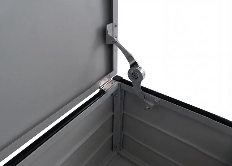 Graue Bodenkonsole aus Metall mit geripptem Pfosten und schwarzem Standfuß.