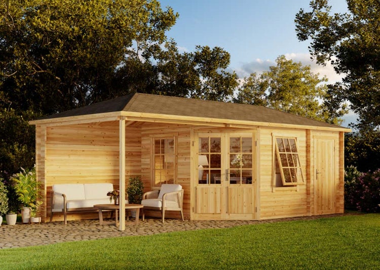 Alpholz 5-Eck Gartenhaus Rhein-40 mit Anbau Gartenhaus aus Holz in natur, Holzhaus mit 40 mm Wandstärke inklusive Terrasse, Blockbohlenhaus mit Montagematerial imprägniert 7,1x3m