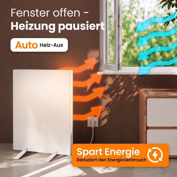 Elektrische Infrarotheizung mit Fenstererkennung für automatische Heizpause bei geöffnetem Fenster zur Energieeinsparung.