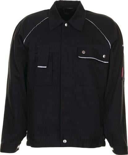 Schwarze Arbeitsjacke mit Brusttaschen und reflektierenden Applikationen.