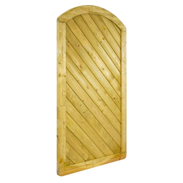 Gartentor aus Holz mit gerundetem oberen Abschluss und diagonalen Brettern