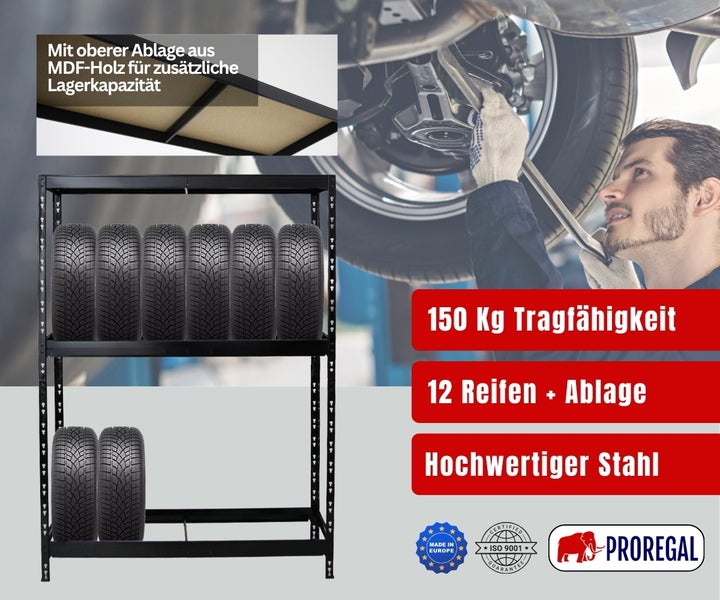 Stahl-Reifenregal für zwölf Reifen mit Holzablage und einhundertfünfzig Kilogramm Tragkraft. Europäische Herstellung, zertifiziert. Proregal Logo.